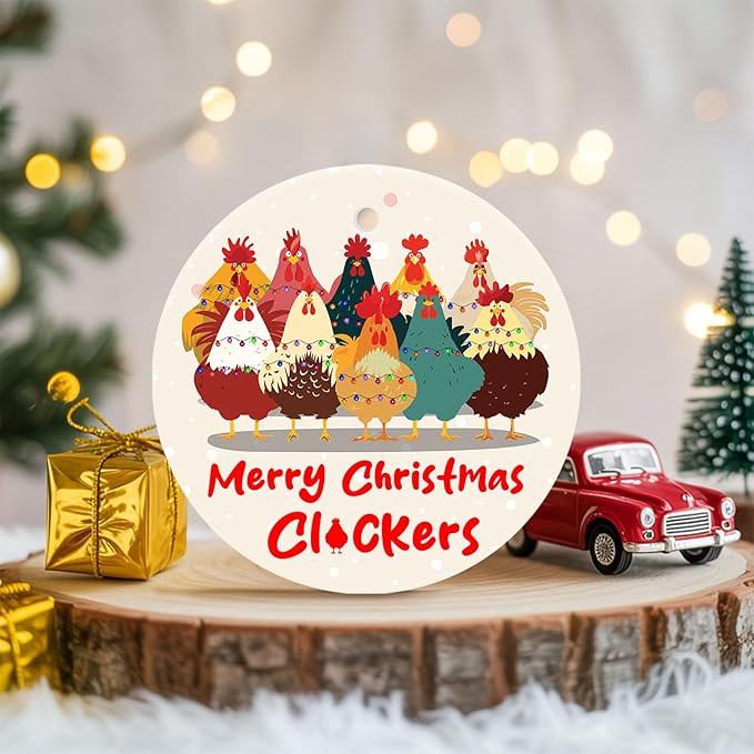 34HD Chicken, Merry Chrismas Ornaments 2025 Ceramic 2-Side Printed, Funny Farm Ornaments for Christmas Tree, Rooster Gifts for Woman Men