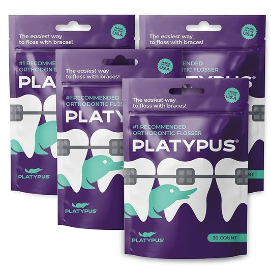 Platypus Orthodontic Flossers for Braces, 30 Count (Pack of 4), Ortho Picks for Adults & Kids, Fits Under Arch Wire, Non-Damaging, Encourage Flossing Habits