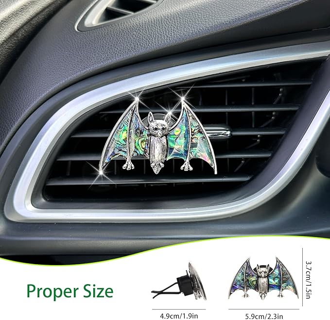 Bat Air Vent Clip Car Air Freshener Outlet Clips Natural Abalone Shell Seashell Color Vampire Bat Car Accessories Gothic Car Decor Refillable Car Diffuser Clips (Medium Bat)
