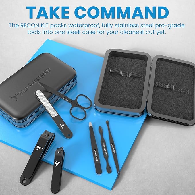 HUMMINGBIRD Manicure Kit for Men, 7 Piece Stainless Steel Mens Nail Grooming Kit with Travel Case, Includes Mens Nail Clippers Set, Nail File, Slant Tip Tweezers, Cuticle Scissors, Nail Care Tools