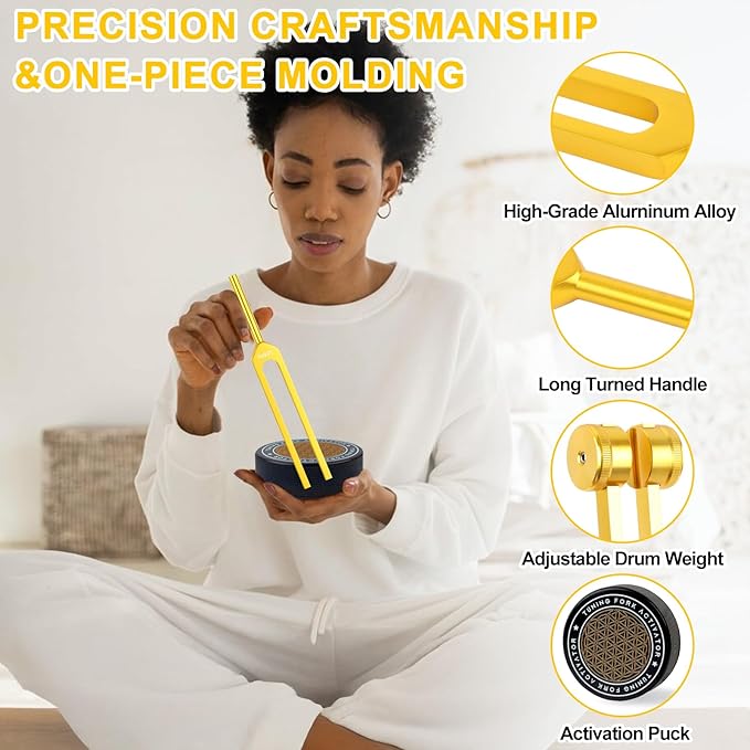 Tuning Forks for Healing Set (Gold) – Includes 128Hz, 136Hz, 256Hz, 384Hz & Activator, Portable in Red Leather Pouch – Medical Grade Sound Healing Instruments for Chakra, Yoga, and Meditation