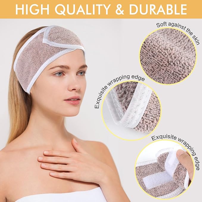 SINLAND Spa Headband for Women 3 Counts Ultra Soft Adjustable Makeup Hair Band with Magic Tape, Terry Cloth Stretch Head Wrap for Face Washing, Bath, Shower, Facial Mask, Yoga