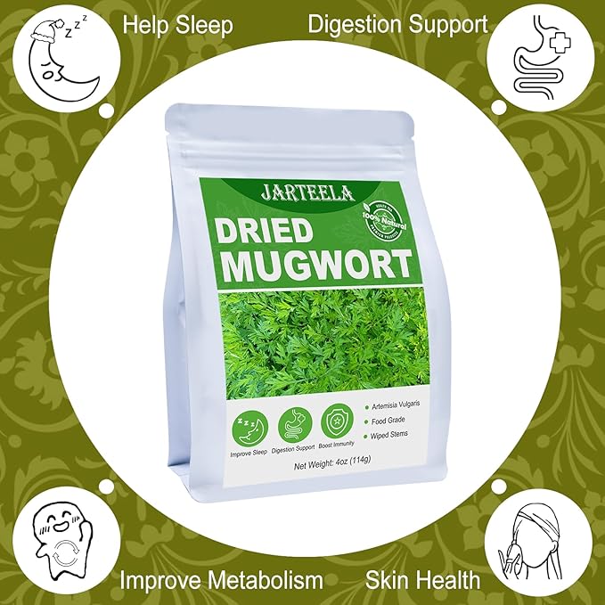 Jarteela - Premium Dried Mugwort Herbs - 4oz/114g - Natural Herbs Loose Leaf For Mugwort Tea - Non-GMO - Caffeine-free