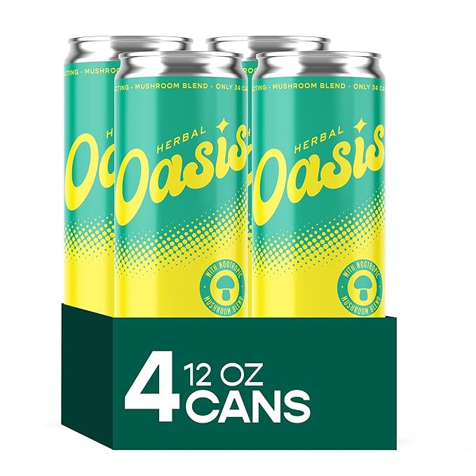 Herbal Oasis Tropical Twist 4-Pack - Mood-Boosting Mushroom Social Tonic, with Lion’s Mane, L-Theanine & Vitamin B12 - Low Calorie Vegan Drink, Non-Alcoholic for Mindfulness & Balance, 12 fl oz