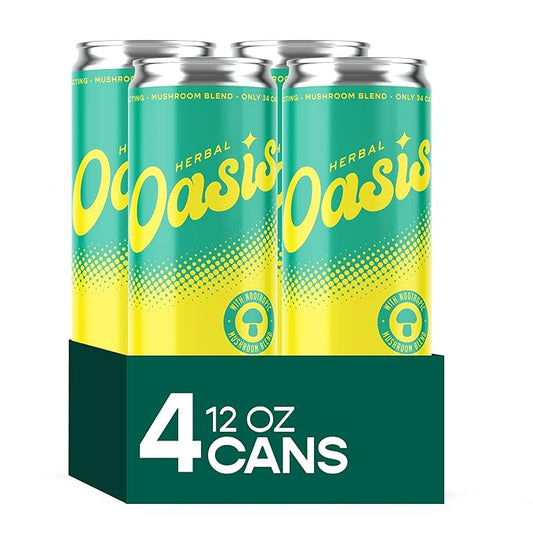 Herbal Oasis Tropical Twist 4-Pack - Mood-Boosting Mushroom Social Tonic, with Lion’s Mane, L-Theanine & Vitamin B12 - Low Calorie Vegan Drink, Non-Alcoholic for Mindfulness & Balance, 12 fl oz