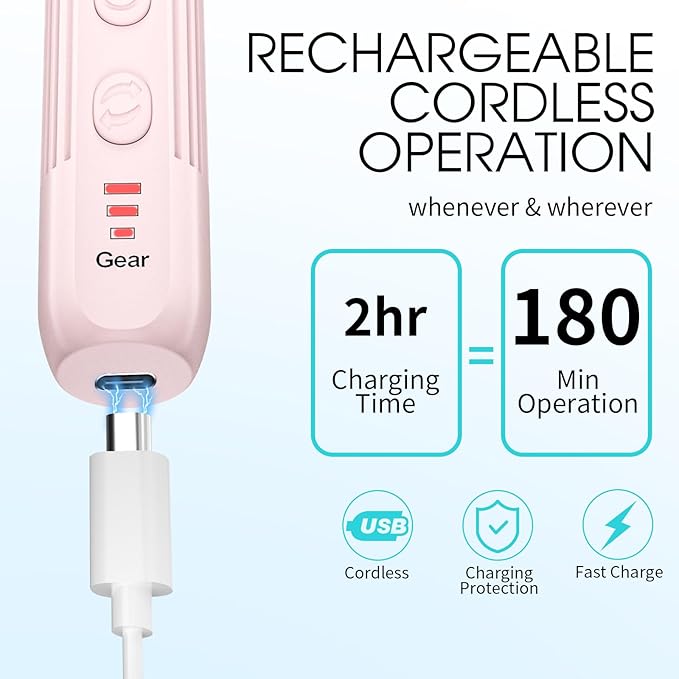 Electric Nail Drill, Professional Manicure Pedicure Kit, Cordless Electric Nail File Set, Rechargeable Pedicure Tools for feet, 3 Speeds Hand Foot Care Nail Drill for Thick Nail Toenail Cuticle