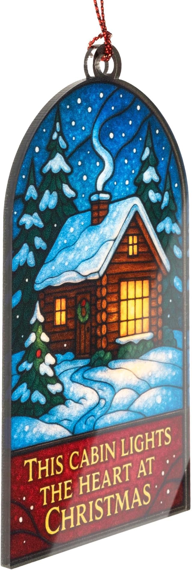 Christmas Cabin Ornament – Rustic Winter Lodge | Holiday Home Décor – Cozy Cabin Gift – Snowy Woodland Scene Card – Christmas Tree Decoration – Suncatcher Effect Window – Car Hanging