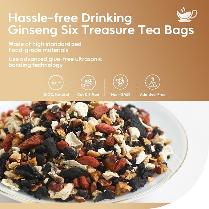 FullChea - Ginseng Six Treasure Tea, 30 Teabags, Traditional Chinese Herbal Blend for Kidney Health, Detox Tea With Ginseng, Mulberry, Huangjing, Maca, Goji Berry, Red Dates, Yam - Support Wellness