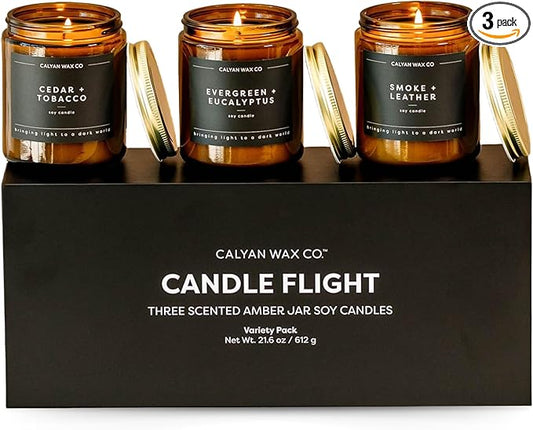 Calyan Wax Co. Scented Candle Gift Set, Candle Flight, Set of 3 Scented Candles, Non Toxic & Vegan Soy Wax, Amber Glass Jar Candles for Men, 57 Hour Burn Time, 7oz Each