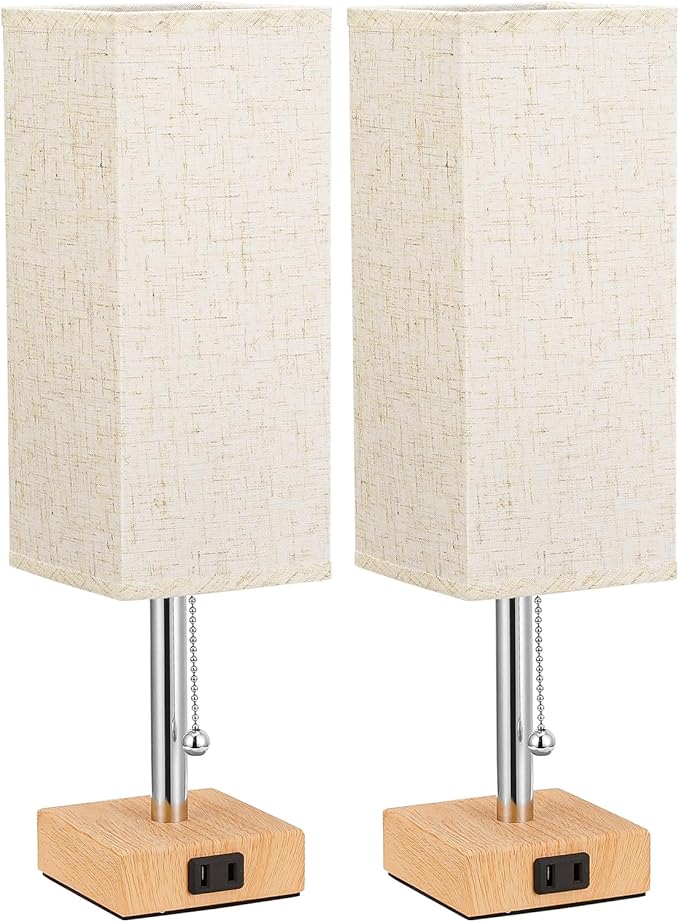 Fenmzee Table Lamp for Bedroom Set of 2 Nightstand - 3 Color Bedside Lamps with AC Outlets for Charging, Square Wooden Night Stand Light Lamp for Living Room, Office Desk