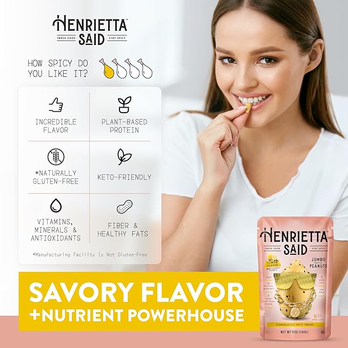Henrietta Said Wing-Flavored Peanuts - Truly Good Foods Snacking Nuts - Bold Flavors - Savory & Spicy - Jumbo Flavored Peanuts - Protein Packed Vegan Snack - 1 (5-oz) Pack - Lemon Pepper