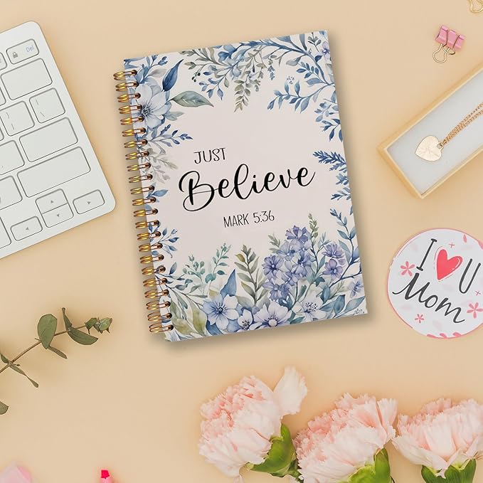 Floral Christian Spiral Notebooks, Just Believe Mark 5:36 Bible Journal, Scripture Journals for Writing, Christian Gifts for Women, Religious Notebook for Note Taking, 5.5x8.3 Inch