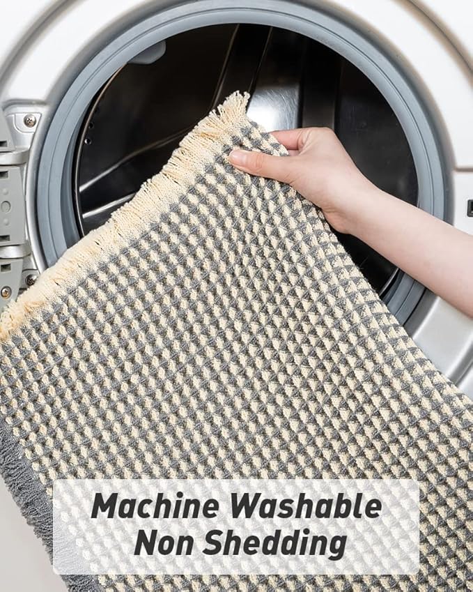 AMOAMI Upgraded Waffle Runner Rug Super Absorbent Non Slip Bath Mats for Bathroom Washable Bathroom Runner Rug with Tassels, Ideal for Hallway Bedroom Laundry Room, Dark Grey & Yellow, 17" x 48"