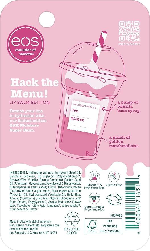 eos 24H Moisture Super Balm - Marshmallow Fluff, Lip mask, Moisturizing, Lip Treatment, Limited-Edition Skincare, 0.35 fl oz