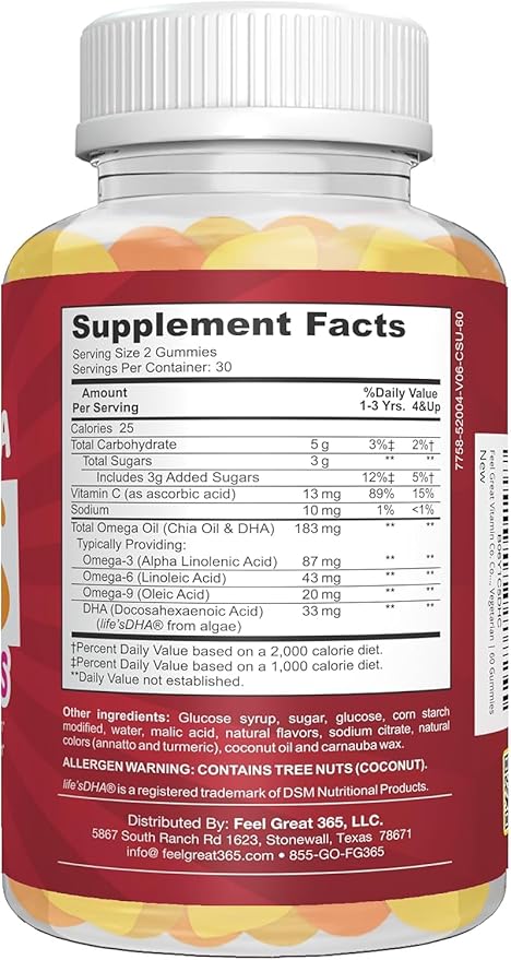 Feel Great Vitamins Kids DHA Gummies with Omega 3 6 9, Vitamin C (2-Pack) | Supports Healthy Brain Function, Vision & Heart Health | Gluten Free, Vegetarian | 60 Gummies