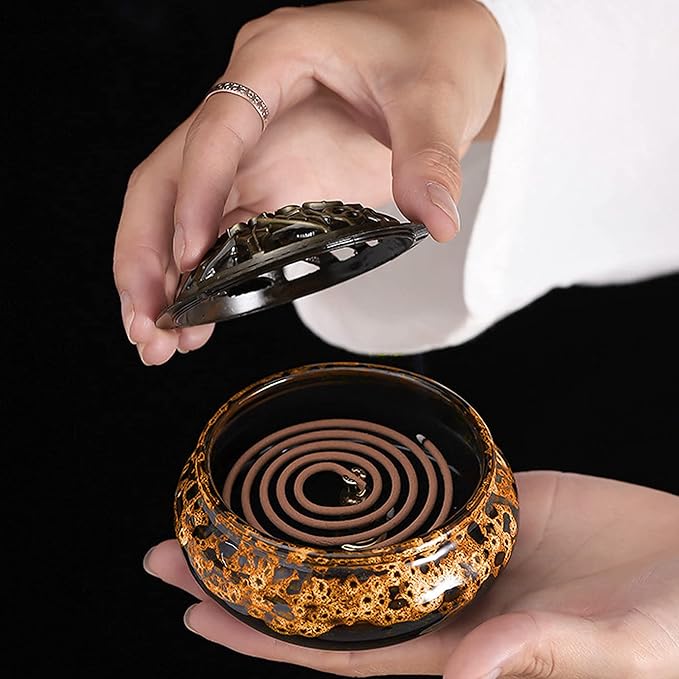Ceramic Incense Burner with Lid, Bowl Burner， Cone Incense Burner, Ceramic Censer Suitable for Incense/Cone/Coil/Sticks, There are 30 Incense Cones+ Metal Incense Holder+Fireproof Cotton Inside.