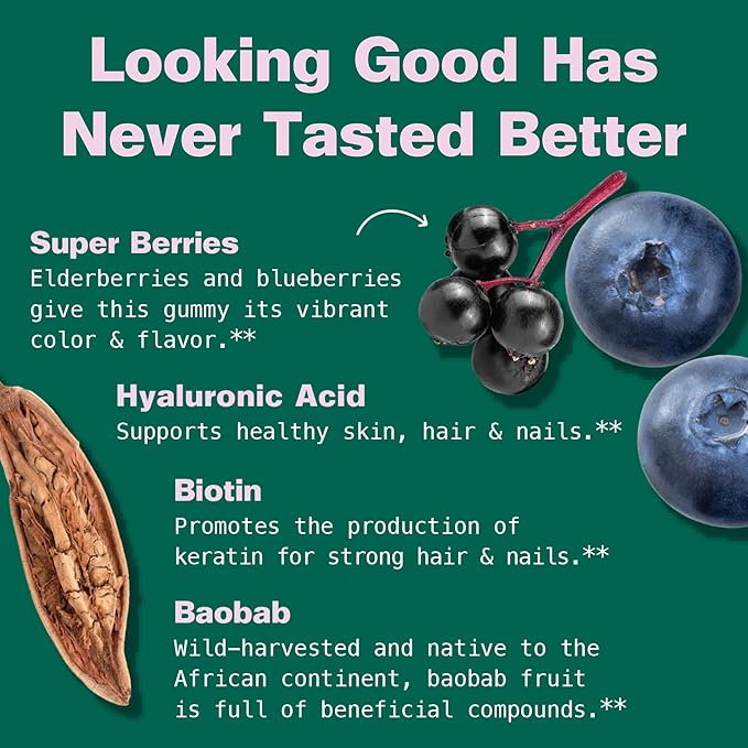 Kuli Kuli Super Gummies - Skin Supplements with Baobab, Elderberry, and Biotin - Helps Support Skin Health - 60 Non-GMO, Gluten-Free Gummies
