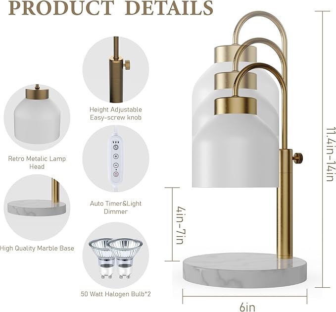 Candle Warmer Lamp, Mother's Day Gifts,with 2 Bulbs,Timer & Dimmer,Compatible with Large Yankee Candle Jars,3 Wick Candles,Height Adjustable Electric Top Melter,110-120v, (White Marble)