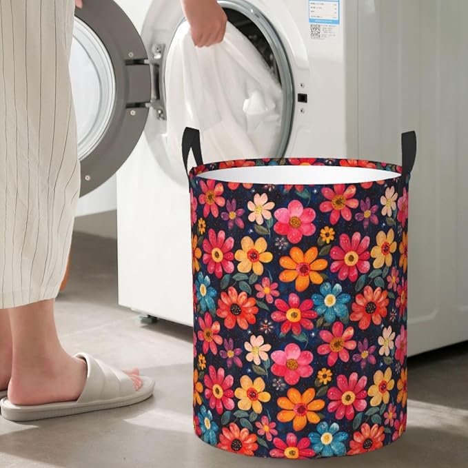 Laundry Basket Flowers Valentines Colors Collapsible Large Capacity, Dirty Clothes Basket Durable Lightweight Hamper With Handles Ideal For Clothes, Toys Home Organization