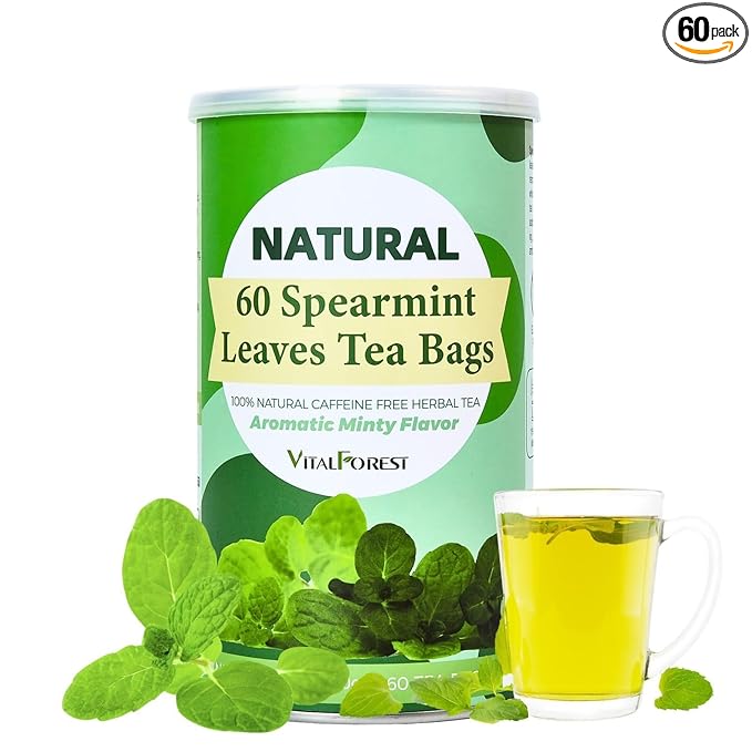 60 Spearmint Tea Bags - VitalForest Premium Dried Spearmint Leaves - Spear Mint Tea - Refreshing & Minty, Caffeine Free, Corn Fiber Tea Bags, Canister Pack for Freshness