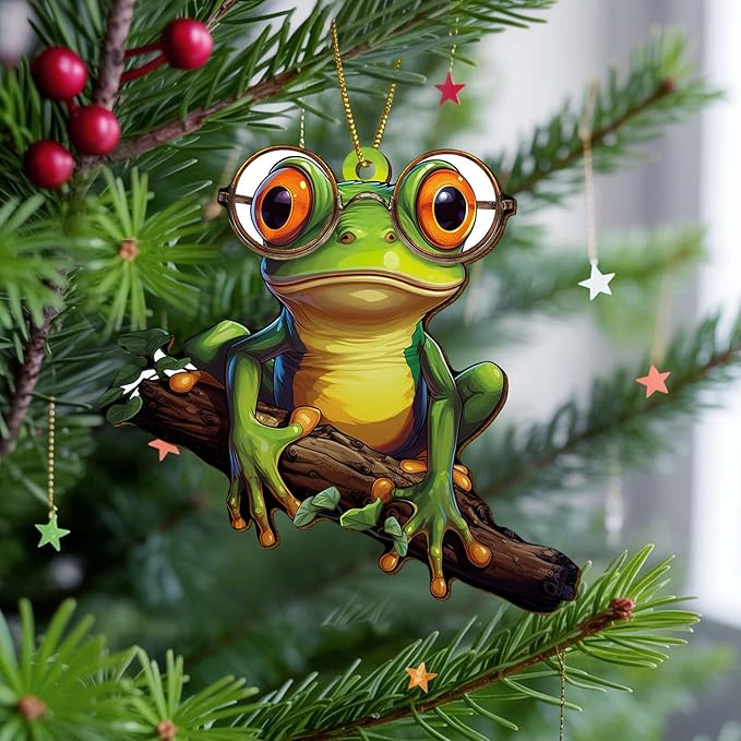 Green Frog Christmas Tree Keepsake Ornaments, Funny Frogs Themed 2 Side Printed Flat Wooden Ornament, Xmas Hanging Decor