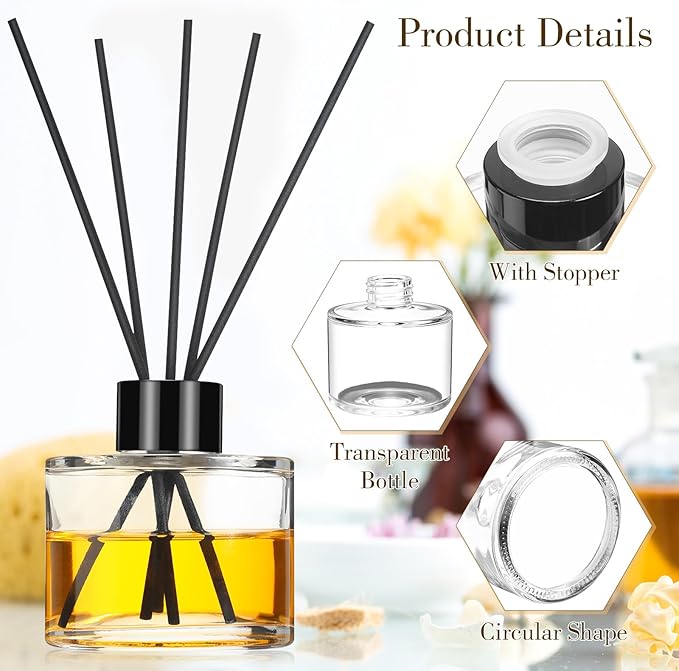 Chunful 10 Sets Reed Diffuser Bottle Empty Refillable Fragrance Glass Diffuser Bottles 100ml Round Glass Jars with Black Caps and Rattan Sticks for Living Room Home Replacement Fragrance DIY Decor