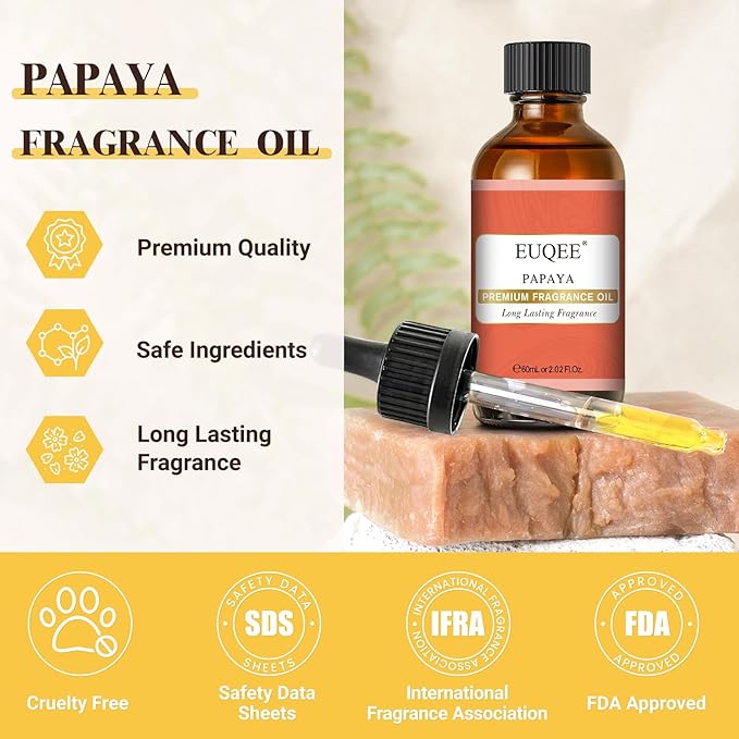 EUQEE Papaya Fragrance Oil, Premium Fragrance Essential Oil with Glass Dropper for Aromatherapy, Soap Candle Making - 2.02 Fl oz/ 60ml