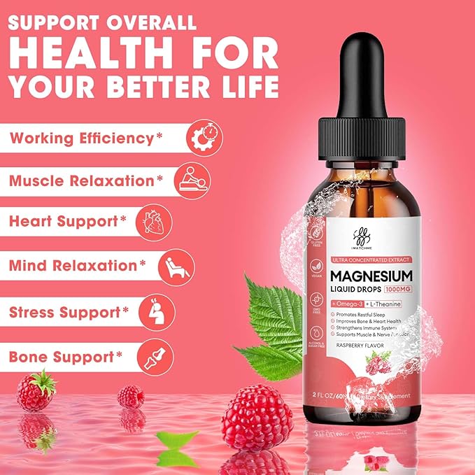 Calm Magnesium Liquid Drop with Magnesium Glycinate, Citrate, Oxide & Taurate for Bone, Heart, Muscle, Immune, Energy, Sleep & Digestion, High Absorption, Sugar-Free, Raspberry Flavor,2 Fl Oz