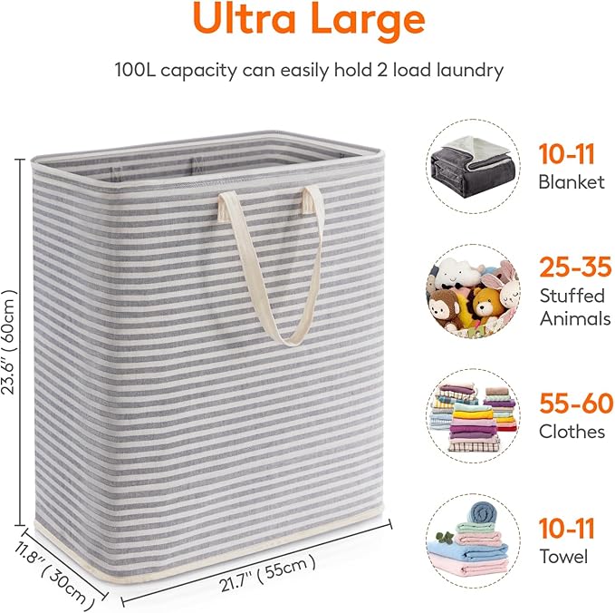 Lifewit Laundry Hamper Large Collapsible Laundry Basket, Freestanding Waterproof Clothes Hamper Storage with Easy Carry Handles for Clothes in Bedroom Bathroom College Dorm for Adults, Gray, 100L