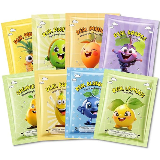 evpct 8 Pack Fruit Kids Face Masks for Kids Girls Spa, Girls Kids Facial Spa Day Slumber Sleepover Birthday Party Favors Supplies Kit for Girl, Kid Friendly Facial Face Masks Bulk Skincare for Kid, 02