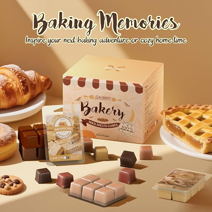 Bakery Scented Wax Melts, Sweet, Strong Scented Soy Wax Cubes/Tarts Variety Set - Apple Pie, Pumpkin Pie, Caramel Cinnamon, Chocolate Cookie, Donut, Vanilla Almond Biscuit, Roasted Coconut, Toffee