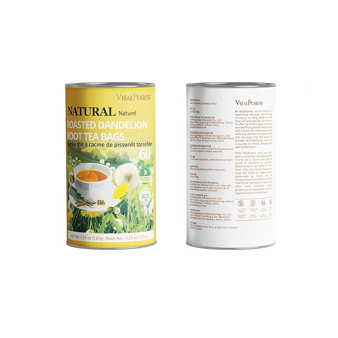 60 Roasted Dandelion Root Tea Bags, 2g/Bags, VitalForest Natural Detox Dandelion Tea, Dried Dandelion Root Coffee Substitute, Diente De Leon, Caffeine Free, Canister Packaged