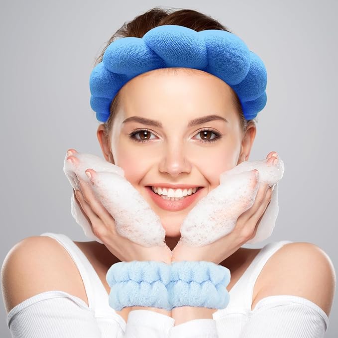 Zkptops Spa Headbands for Washing Face Wristband Set Sponge Makeup Skin Care Headband Towels Bubble Soft Hairband for Women Girls Puffy Headwear Winter Non Slip Thick Thin Hair Accessory(Dark Blue-3)