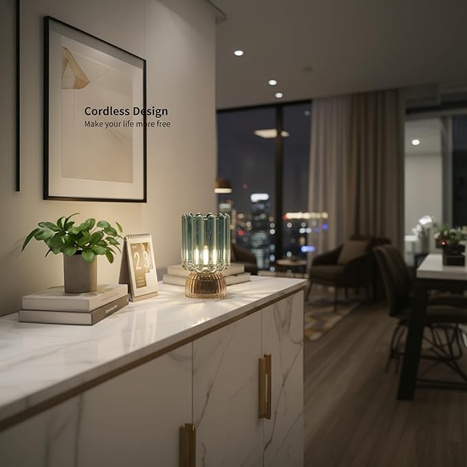 Battery Operated Lamp with Auto-Off Timer, Cordless Table Night Light for Bedroom & Entryway, Portable LED Lamp for Home, Outdoor, Camping No Battery Included (Wine Glass Design-Smoke Blue)