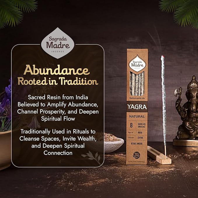 Sagrada Madre Yagra-Yagra Natural Incense Sticks, 8 Sticks (9" Each) - Handmade Citrusy Aroma for Abundance, Prosperity & Wealth - Ideal for Meditation & Spiritual Practice with 1-Hour Burn Time