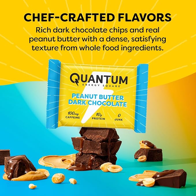 Quantum Energy Square: Energy Bar with Caffeine & 10g Protein. Delicious Healthy Snack On The Go. (Vegan, Gluten-free, Soy-free, Dairy-free) (Peanut Butter Dark Chocolate)