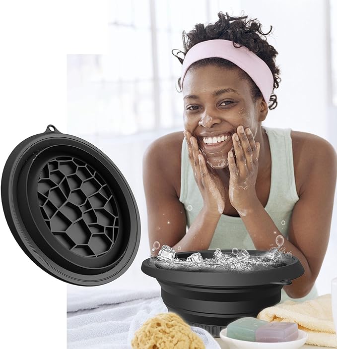 Ice Bowl with Ice Tray, Collapsible Silicone Bowl for Home Ice Water Facials, Facial Ice Therapy for Skin Tightening, Acne Relief and Anti-Inflammation, Portable Spa Tool for Home and Travel (Black)