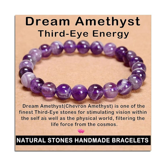 AD Beads Handmade Gemstone Stretch Elastic Bracelet Crystal Healing Reiki Nature's Beauty and Spiritual Essence Unisex (8mm, Dream Amethyst (Third-Eye Energy))