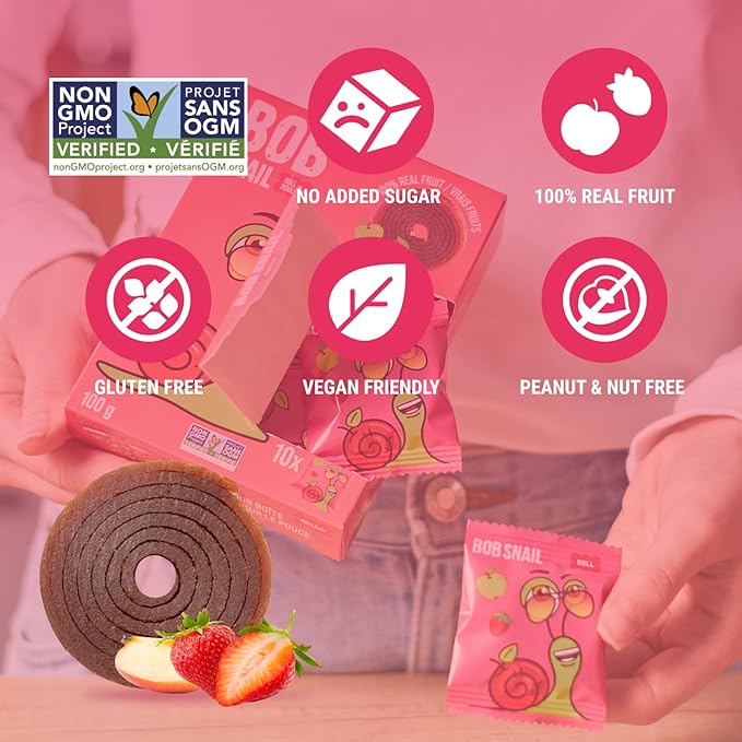 Bob Snail Fruit Roll Ups – Healthy Sweets Snacks, Real Dried Fruits, No Added Sugar, Vegan, Nut Free, Candy for Adults, Kids, with – Bulk 50 pcs Rolls, 500g (Apple Strawberry)