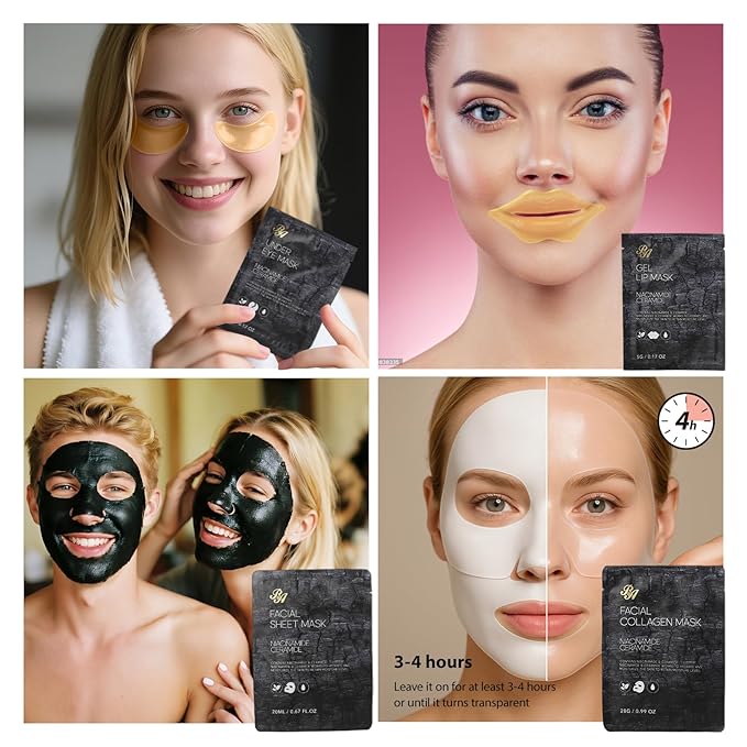 Charcoal Face Sheet Mask Pack, 55Pcs Skin Care Set for Women & Men, Hydrolyzed Real Collagen Mask, Hyaluronic Acid Face Serum, Gel Eye Patches, Gel Lip Mask, Lip Scrub, Christmas, Birthday Gift, Dad