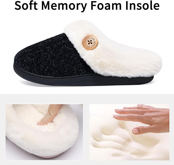 Evshine Warm Knit House Slippers for Women Comfy Wool-Like Lined Chenille Slippers with Memory Foam and Indoor Outdoor Soles