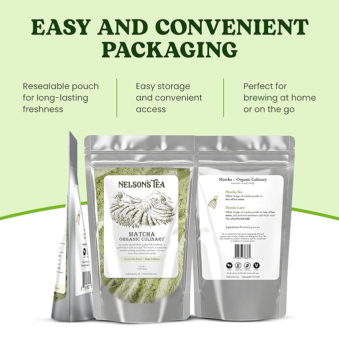 Nelson's Tea Organic Matcha Powder – Premium Culinary Grade Green Tea for Lattes, Smoothies & Cooking – Versatile, Antioxidant-Rich Powder Ideal for Healthy Recipes, Baking & Beverages – 4 oz