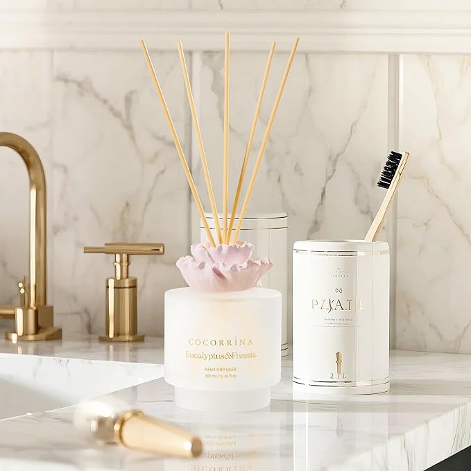 COCORRÍNA Gypsum Flower Reed Diffuser Set for Bathroom Décor – Eucalyptus & Freesia Scent, 6.76 oz with Sticks & Oil – Home Fragrance for Bathroom & Living Space