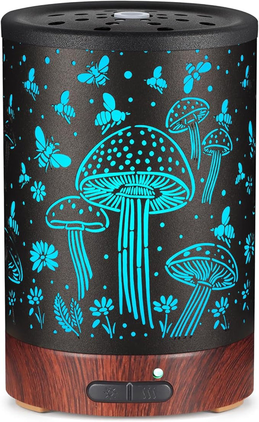 Essential Oil Diffuser- Aromatherapy Diffuser with7 Colors Light, and Auto-Off -Metal Cool Mist Humidifier for Home and Office（Mushroom + Bee）…