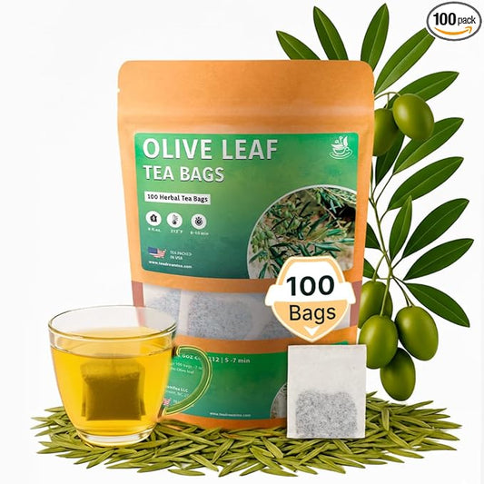 Olive Leaf Tea Bags – 100 Bags (Premium Dried Olive Leaf Tea - 100 Count), Natural Extract Caffeine-Free Herbal Tea for Health & Immune Support