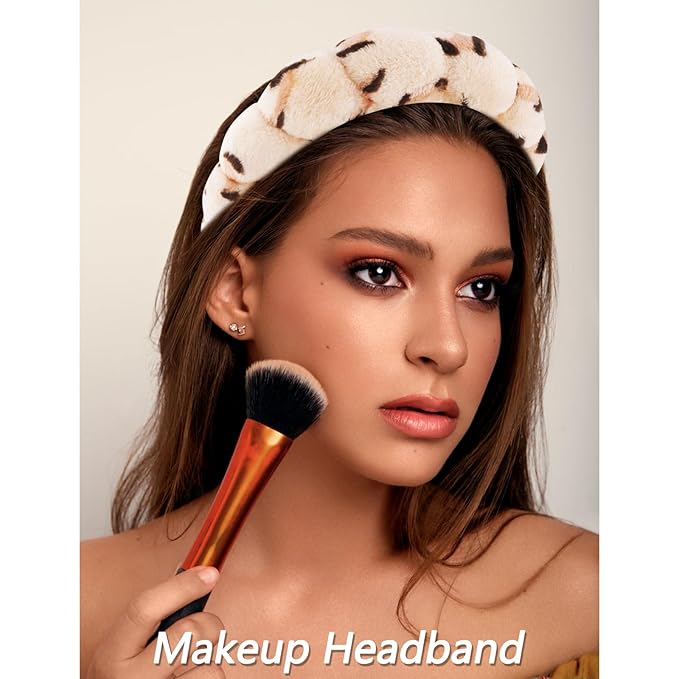 VELSCRUN Spa Headbands for Wash Face, Makeup Headband, Facial Skincare Headbands, 5 Pcs Brown Leopard Puffy Sponge Spa Headband Bow Tie Hair Band Hair Clips Wristband Set Women Girls Accessories