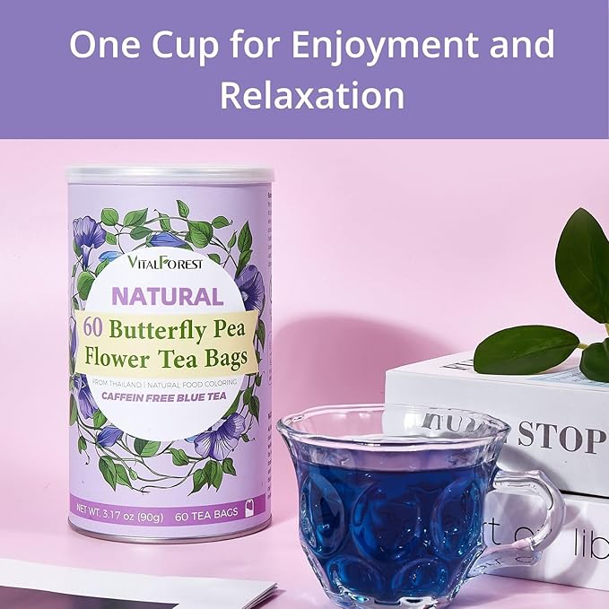60 Dried Butterfly Pea Flower Tea Bags, VitalForest Butterfly Blue Pea Flower Tea, Premium Caffeine Free, Non-GMO, for Cooking, Iced Tea, Coolers, Cocktails and Mocktails