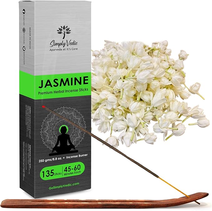 Simply Vedic Jasmine Incense Sticks – 250g Pack (Approx. 135 Handmade Sticks + Incense Holder) | 45-Minute Burn | Natural Essential Oils for Meditation, Yoga, Aromatherapy & Spiritual Use