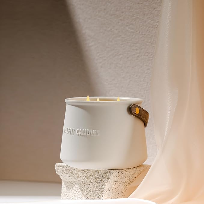 Candles for Home Scented - Scandinavian Style 3 Wick Candle - Long-Lasting Ceramic Candle Jar - Soy Candles Non Toxic with Minimalist Design - Teak Mahogany