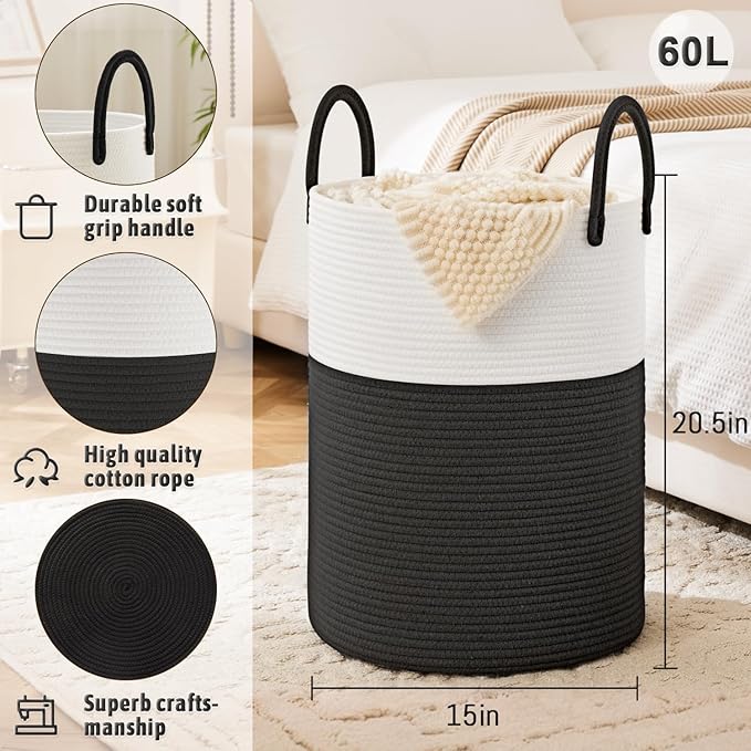 Laundry Basket,Woven Cotton Rope Laundry Hamper,60L for Decorative Storage of Dirty Clothes,Toys and Blankets in Bathroom,Baby Room and Living Room